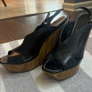 Jessica Simpson Black Leather Wedges with Tan Accents